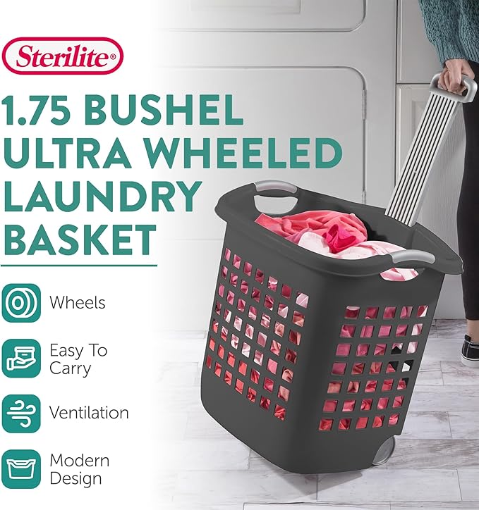Sterilite 4 Pack Ultra Wheeled Laundry Basket, Plastic Clothes Hamper Bin with Wheels and Retractable Handle, 1.7 Bushel Capacity, Flat Grey
