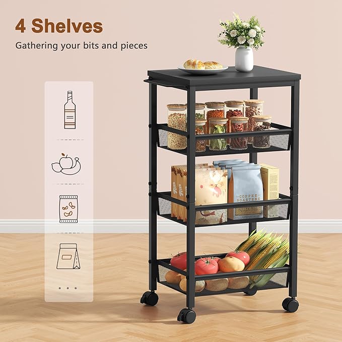 Hoctieon Rolling Storage Cart, 4-Tier 11.8" Wide Panel Rolling Kitchen Storage Cart, Utility Cart with Handle & Wheels, Mobile Shelving Unit, Metal Frame Narrow Cart for Home Kitchen, Laundry, Black