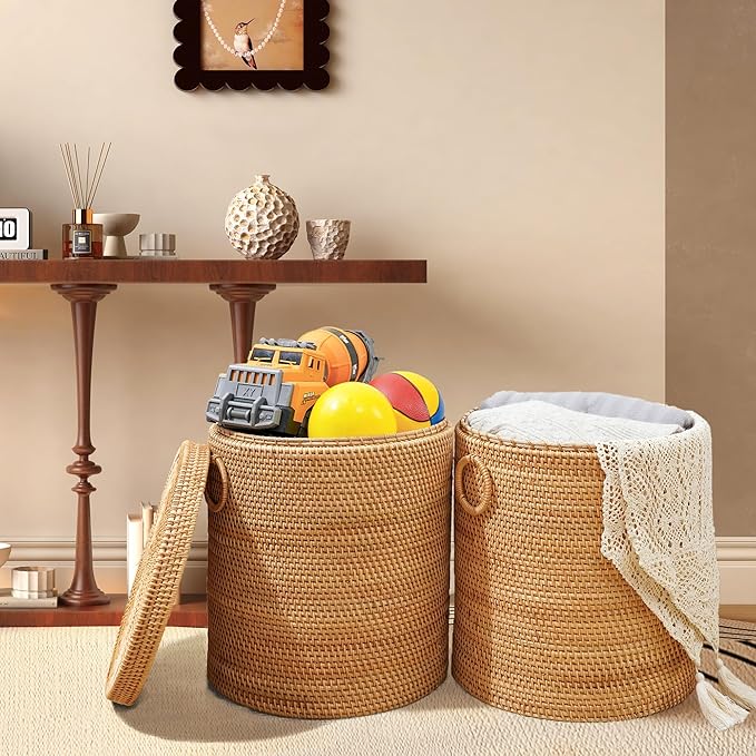 17.7"×15.7"×15.7" Rattan Laundry Basket With Handle, Rattan Laundry Hamper With Liner Bag, Round Wicker Large Hampers For Organizing Clothes Kids Toys Books