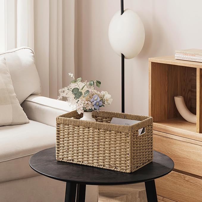 UBBCARE 2 Pack Wicker Basket, 13.4L×8.3H×7.1W inch Woven Paper Rope Storage Baskets for shelves, Foldable Rectangular Storage Baskets with Handle, Storage Basket for Organizing, Natural