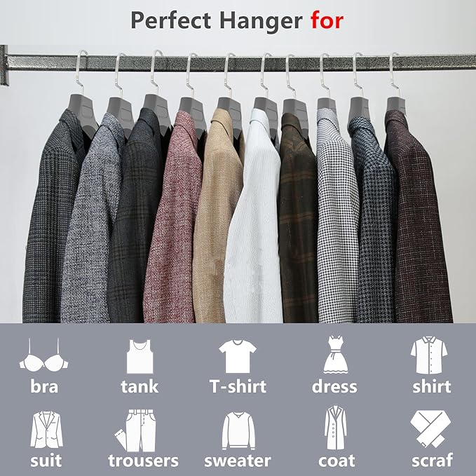 DEDU Suit Hangers for Men 10 Pack, Grey Coat Hangers Extra Wide Non Slip Width 17.7", Thick Plastic with Pants Bar & Metal Hook