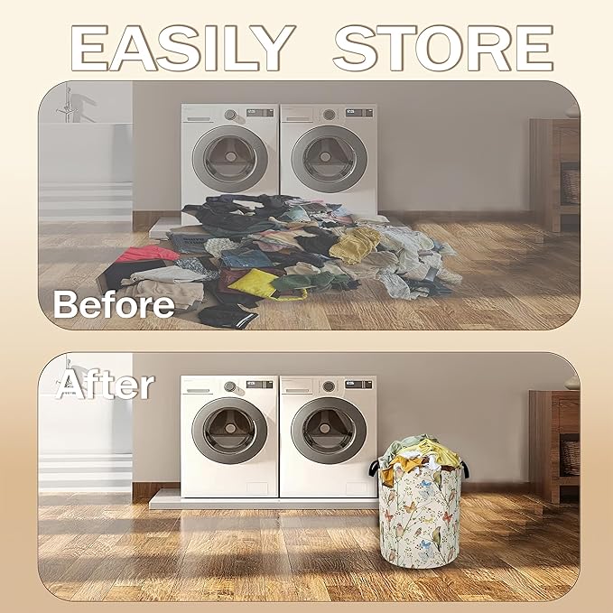 Laundry Hamper,Watercolor Bird Laundry Basket,Spring Flower Butterfly Portable Collapsible Laundry Room Organization Storage for Dorm Room,Nursery,Bathroom,Bedroom,16x20 Inch