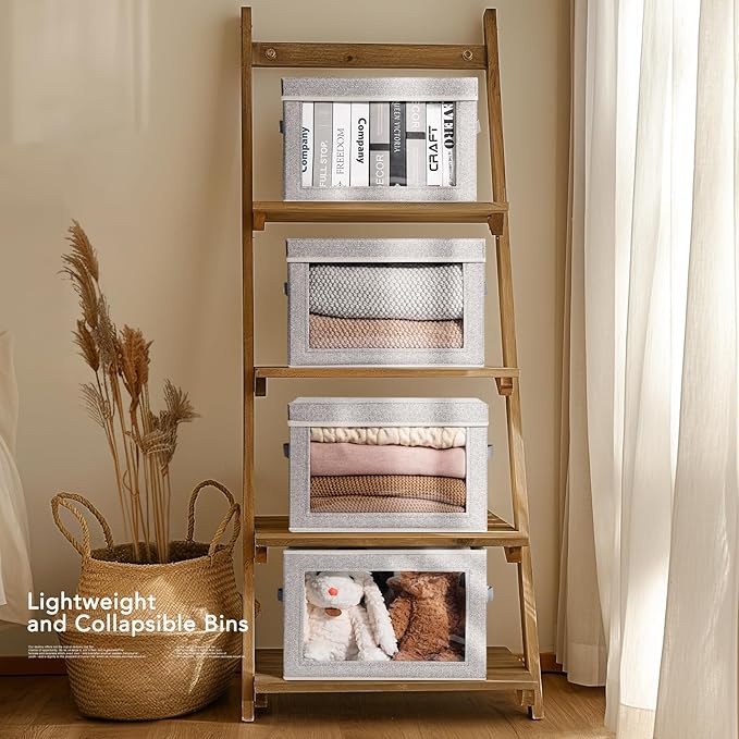 Large Storage Baskets with Lids - Stackable Cube Bins for Closet, 6 Pack Windows Organizer Bins, Home Organizers and Storage for Clothes, CD, Towels, Light Grey