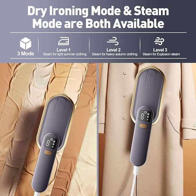 Travel Steamer for Clothes, 2 in 1 Travel Steam Iron, Clothes Steamer Handheld with 150ml Water Tank, 30 seconds Fast Heating, Quick Wrinkle Removal, LCD Display,Ceramic Heating Panel