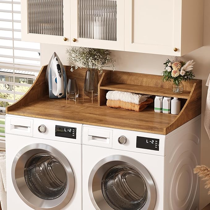 Washer and Dryer Countertop, 54'' Laundry Shelf Organizer Wood Dryer Rack Countertop for Washer and Dryer, Brown