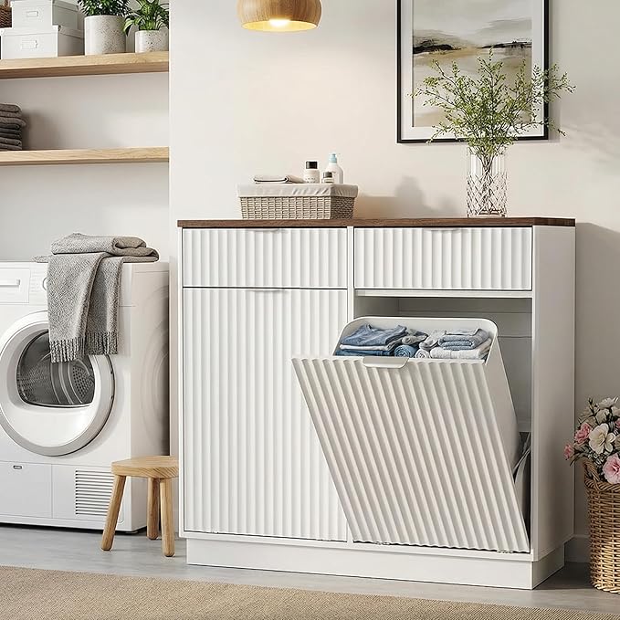 Double Tilt-Out Trash Cabinet, Laundry Hamper Cabinet with 2 Drawers, 39.4W x 34.3H x 13.8D inches, Walnut+White, Wave-Textured Front.