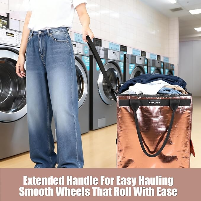 (Medium,Rose Gold) Reusable Grocery Bag on Wheels, Foldable Rolling Tote Bag with 3 Handles and Zipper, Storage Organizer for Clothes & Groceries, Rolling Shopping Cart, 76lb