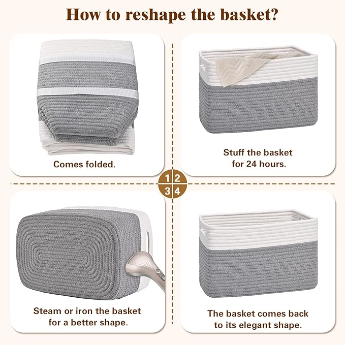 Storage Baskets for Organizing, 4 Pack Baskets for Shelves, Decorative Storage Bins for Shelves, Cotton Rope Storage Basket with Handles, Woven Basket for Storage, 13''Lx8.7''Wx7.9''H, White & Gray