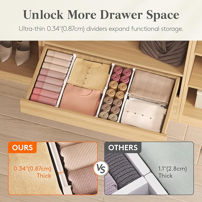 Lifewit 3.2" Tall 4 Pack Drawer Dividers, 26.5-42cm/10.2-16.5" Expandable Drawer Divider for Clothes, Adjustable Dresser Drawer Organizers, Drawers Separators for Dresser/Bathroom/Kitchen White