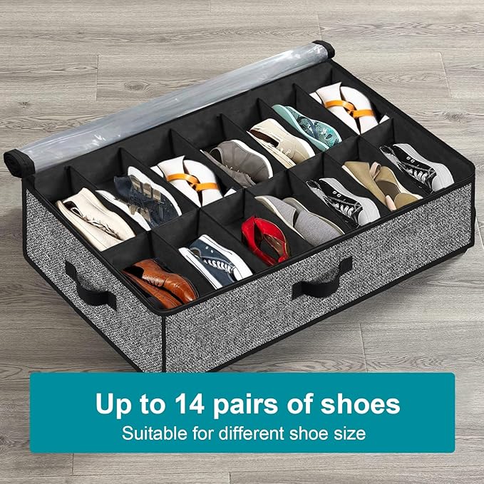 Under Bed Shoe Storage Organizer for Closet 2 Pack- Fits 32 Pairs Underbed Shoes Container Boxes Black