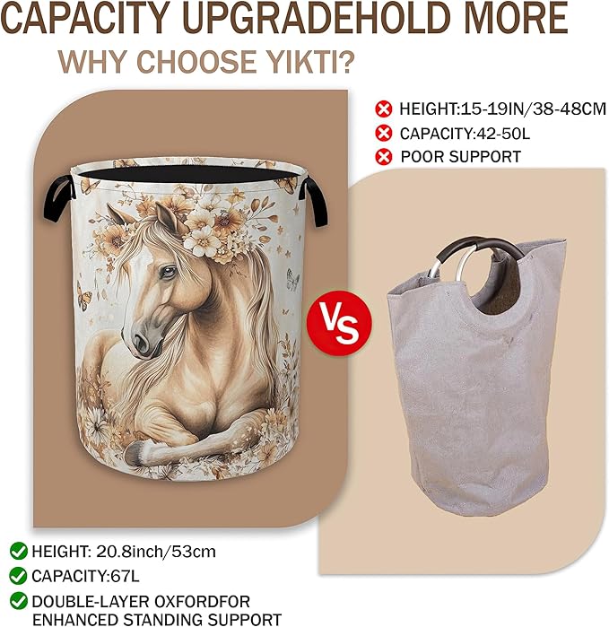 Horse Laundry Basket,Gold Flower Butterfly Clothes Hamper,Oxford Cloth Collapsible Nursery Hamper Storage Organization for Bedroom,Bathroom,Office,College Dorms,16x20 Inch
