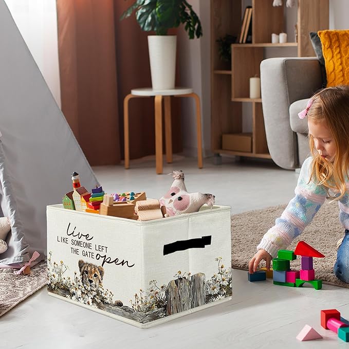 Rustic Cheetah Storage Bins & Boxes with Handles, Farmhouse Leopard Foldable Basket for Organizing, Live Like Someone Left the Gate Open Collapsible Storage Basket for Bedroom Bathroom Clothes