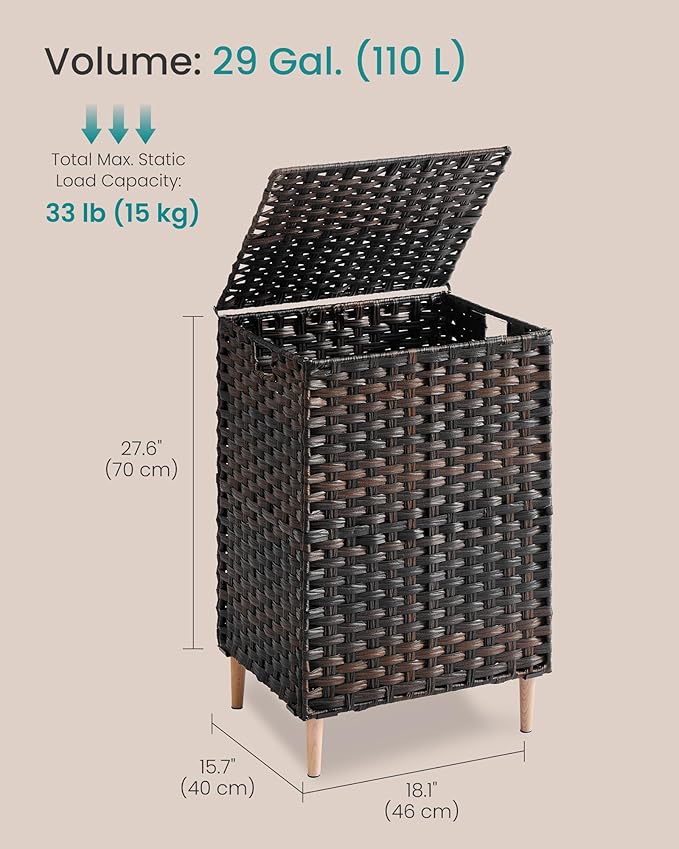 SONGMICS Laundry Hamper with Lid, 29 Gal. (110 L) PE Rattan Laundry Basket with Lid and Handles, Natural Material,Removable Machine Washable Liner, Chestnut Brown ULCB222ME01