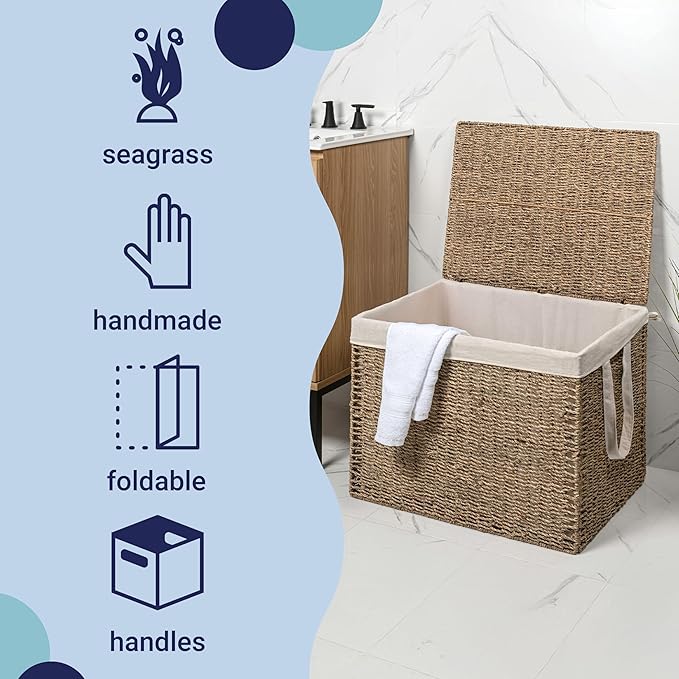 happimess BSK2017A Reed Coastal Bohemian Handwoven Seagrass Laundry Hamper 110L (29.1 Gallon) with Lid and Removable Liner, Seagrass Containers for Decoration in Living Room, Natural