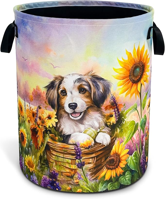 Cute Dog Laundry Basket Sunflower Flowers Foldable Waterproof Oxford Cloth Funny Tote Bag Laundry Hamper Clothes Storage Bucket Toy Organizer For Bathroom/Laundry Storage/Bedroom 18.9x16.5 Inch
