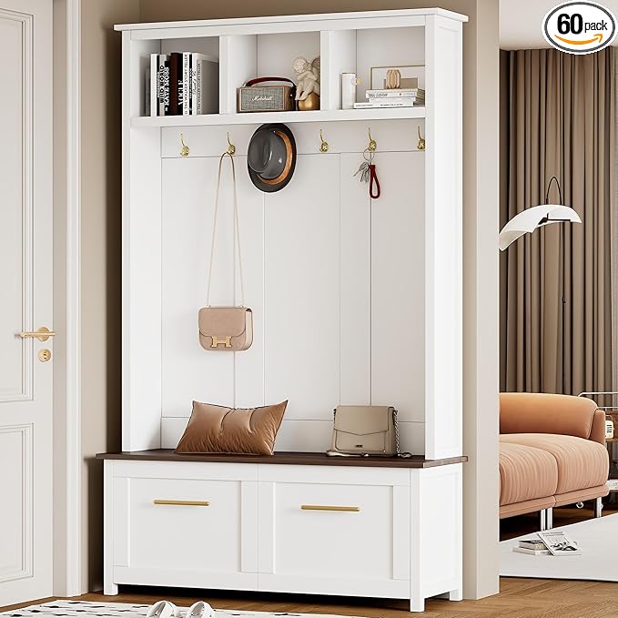 Modern Hall Tree with 6 Golden Hooks, Wood Entryway Coat Hanger with Brown Wood Grain Storage Bench and Top Open Storage Shelves, Versatile 4-in-1 Entryway Coat Rack for Entrance Hallway (White-9.8)