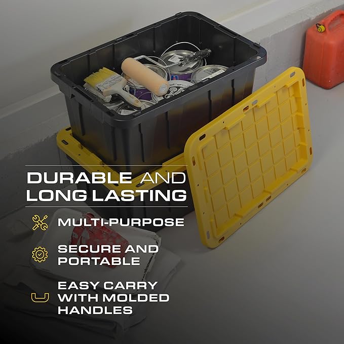 BLACK & YELLOW, 17-Gallon Heavy Duty Storage Bins with Lids, Stackable Plastic Storage Bins with Weather-Resistant Design, Home Organization, 2 Pack (12.5H x 18W x 26.9D)