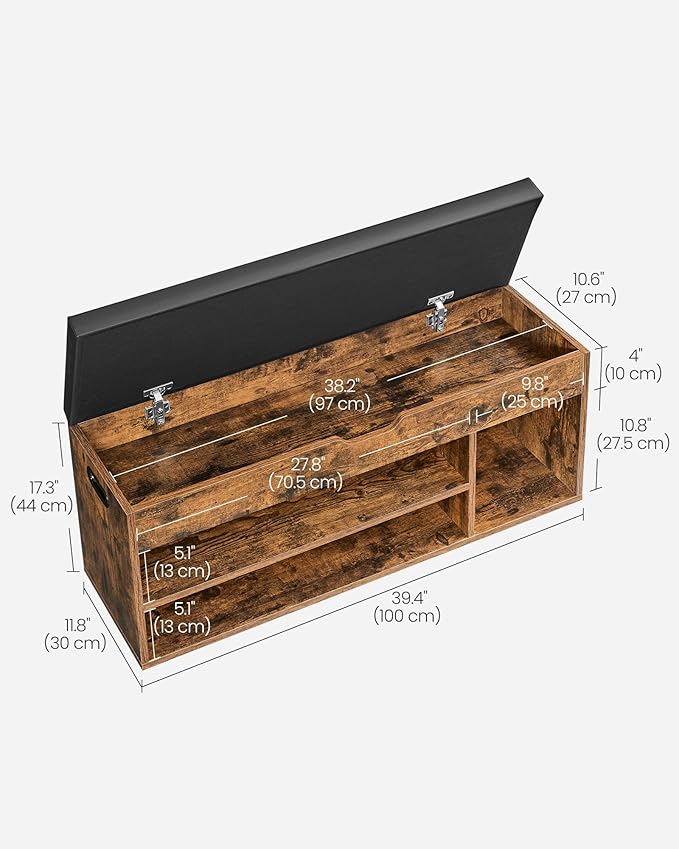VASAGLE CUSTOS Collection - Storage Bench with Cushion, Shoe Bench, Padded Seat, Hidden Storage, Entryway, Hold up to 300 lb, 11.8 x 39.4 x 17.3 Inches, Rustic Brown and Ink Black ULHS130B01