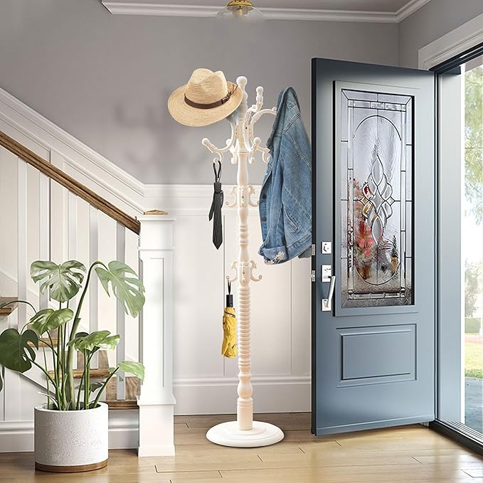Solid Wood Coat Rack Freestanding Coat Tree with 18 Hooks, 3 Adjustable Height Sturdy Coat Racks Tree for Coats, Hats, Bags, Vintage Wood Coat Tree Hanger Stand for Living Room,Entryway,Office