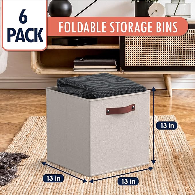 Ornavo Home 13 x 13 Storage Cube Bins, Foldable Collapsible Fabric Storage Bins Box Linen Shelf Basket Cube Organizer for Closet with Leather Handles, 6 Pack, Beige