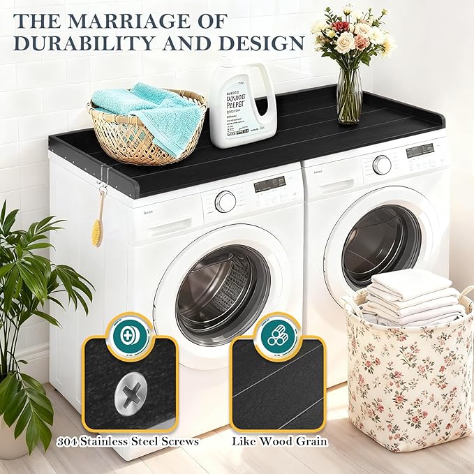 HDPE Washer Dryer Countertop, 54” x 27” No-Installation Laundry Countertop for Folding Clothes, Waterproof Washer and Dryer Topper with Raised Edge, Non-Slip Pads & Hooks (Black)