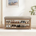 Shoe Rack Bench with Cushion, 2 Tier Solid Wood Storage Bench, Mid-Century Modern Shoe Bench for Entryway, Hallway, Closet, Front Door Entrance, Foyer (Brown, 46.5")