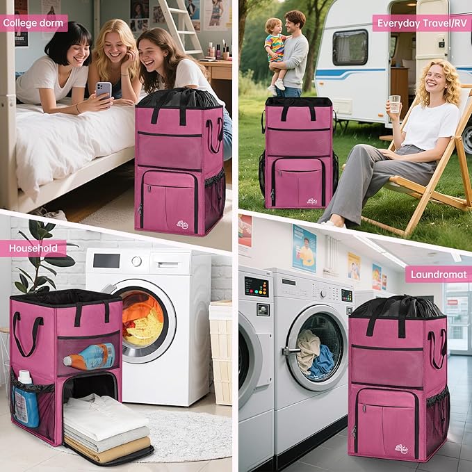95L Laundry Backpack Bag with 3 Sizes Mesh Wash Bags Empty, Extra Large 2 in 1 Laundry Hamper Basket with Shoulder Straps, Freestanding Laundry Bag for College Dorm, Laundromat, Apartment (Pink)