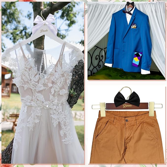 3 Pcs Bride and Groom Hangers for Dress Suit with Clips Wedding Wooden Hanger with Bow Tie for Mr and Mrs Shirt Tuxedo Suit Bridal Wedding Gift Bridesmaid Party Shower