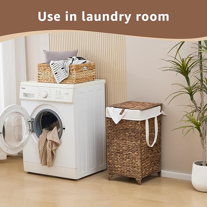 Handwoven Laundry Hamper with Lid, Natural Hyacinth Heightened Feet Laundry Basket, Wicker Clothes Hamper with Removable Liner Bag (Espresso-A, 65L)