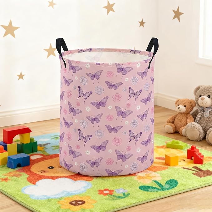 ESSME Kids Laundry Basket,Butterfly Hamper Collapsible Canvas Waterproof Storage Bin for Boys, Cute Hamper,Gift Baskets(Pink butterfly)