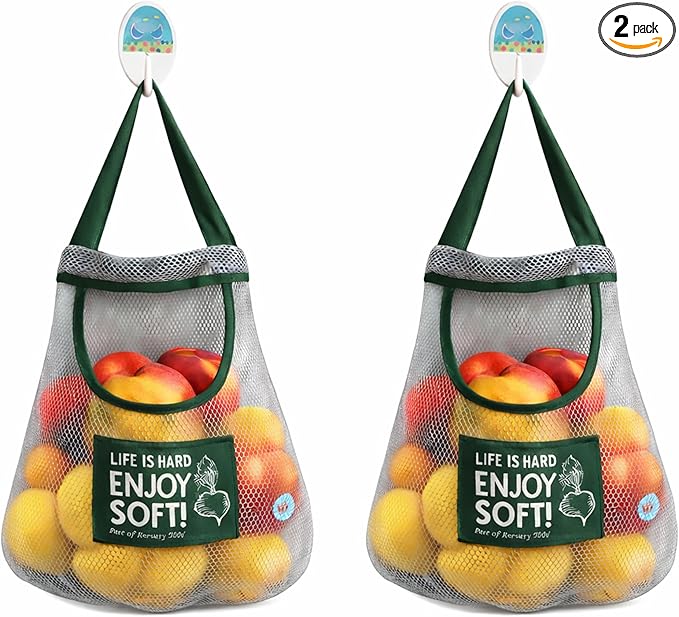 Durable Reusable Hanging Storage Mesh Bags for Fruits, Vegetables, Garlic, Ginger & Potatoes, Kitchen Storage Mesh Bag, Breathable Storage Bags for Pantry, Home Decor & Kitchen Decor (2 blue bags)