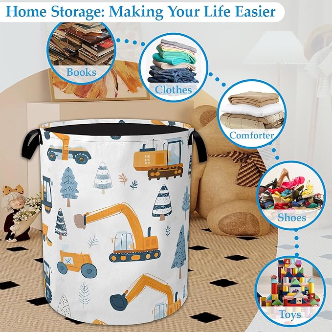 Cartoon Excavator Laundry Basket Collapsible Laundry Hamper Clothes Toy Storage Bin for Bathroom Bedroom Room Decor 16" X 20.8"