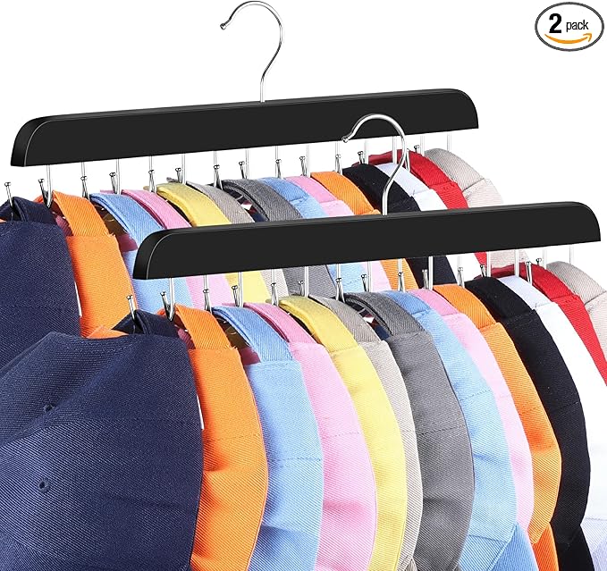 Hat Hangers for Closet, 2 Pack Hat Organizer for Baseball Caps with 14 Hooks Space Saving Hat Racks Ball Caps Hat Holder Organizer Tie Belt Hanger for Closet Storage Solution (Black)
