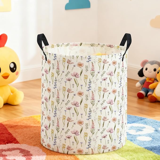 ESSME Kids Laundry Basket,Flower Hamper Collapsible Canvas Waterproof Storage Bin for Girls, Cute Hamper,Gift Baskets.(Flower)