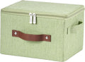 Storage Bins with Zipper Lid Cotton Linen Fabric Lidded Storage Baskets Boxes Foldable Washable Closet Shelf Clothes Organizer Container with PU Leather Handles (Green, Small Size)