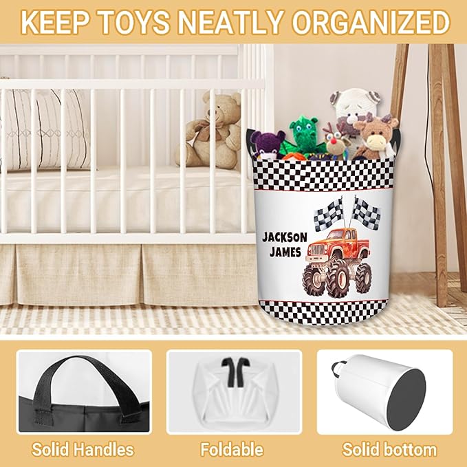 Personalized Truck Laundry Basket, Custom Laundry Hamper With Name Gifts For Kids Baby Adults, Collapsible Dirty Clothes Storage Organizer With Handles S 16.5 X 13.8in
