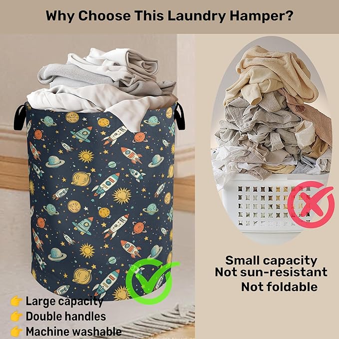 Cartoon Planet Space Foldable Canvas Laundry Basket with Handles - Toy Organizer, Heavy Duty for Home，Bedroom, Dorm, Bathroom