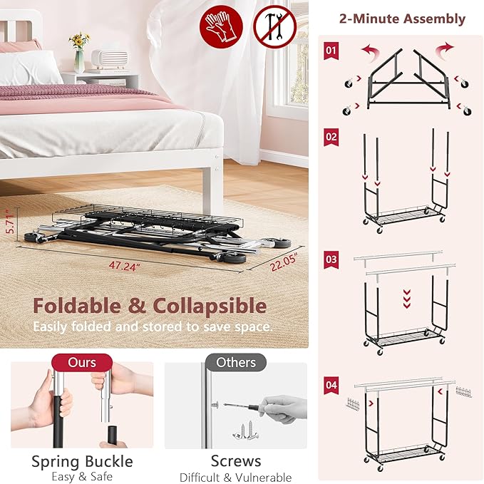 Hoctieon 2-Minute Assembly Double Rod Clothes Rack, Heavy Duty Rolling Clothing Racks with Wheels, Foldable Commercial Garment Rack, Extendable Hanging Bar, Adjustable Metal Pole with Hooks, Black