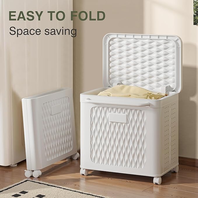 VECELO Rolling Storage Bins with Lid, Plastic Organizers Cart with Wheels & Handle, Foldable Storage Containers for Laundry, Bathroom, Bedroom, 19.3" x 13.8" x 19.1", White