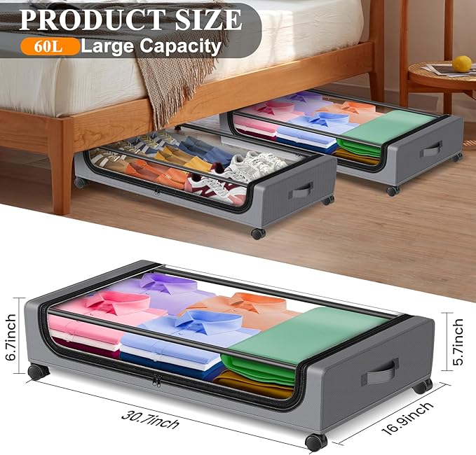 Jill Deaaa® Under Bed Storage with Wheels, 2Pack Under Bed Storage Containers with Clear Lids, XXL 60L Under Bed Shoe Storage Organizer,Dorm Bedroom Rolling Underbed Storage for Clothes, Toys, Blanket