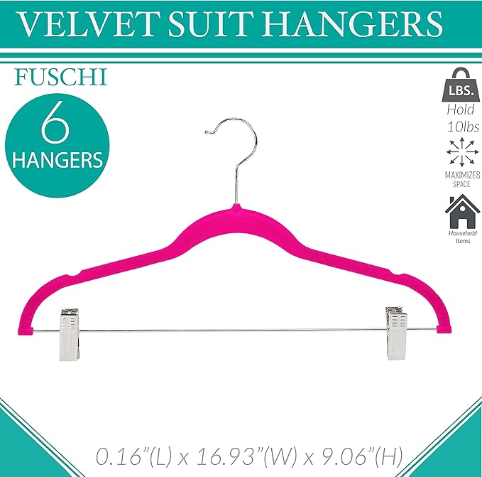 Simplify 6 Pack Slim Velvet Hangers with Skirt or Pant Clips, Space Saver, Prevent Garment Creases, Swivel Neck, Durable, Fuchsia