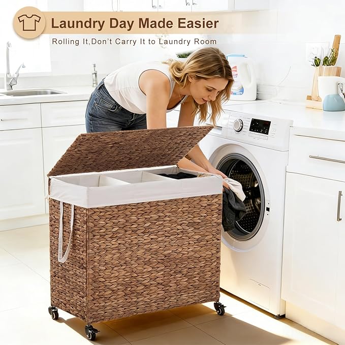 3-Section Laundry Hamper with Lid, Large Capacity Woven Natural Water Hyacinth Laundry Sorter with Removable Liners, Rolling or Non-Slip Design for Bedroom (Espresso, 155L)
