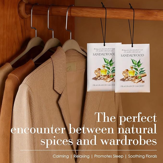 Sandalwood Scented Sachet Bags - 12 Pack Closet & Drawer Freshener, Long Lasting Odor Eliminator for Wardrobes, Cars & Storage, Home Fragrance Air Freshener Sachets