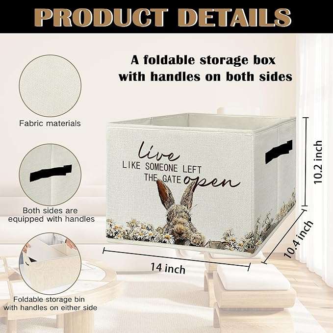 Rustic Bunny Storage Bins & Boxes with Handles, Farmhouse Rabbit Foldable Basket for Organizing, Live Like Someone Left the Gate Open Collapsible Storage Basket for Bedroom Bathroom Clothes Toys