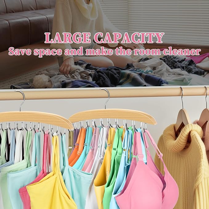 2 Pack Bra Organizer for Closet, 360° Rotating Bra Hanger Space Saving w/20 Foldable Metal Hooks, Tank Top Hanger Closet Organizers and Storage for Camisoles/Tank Tops/Bras/Belts/Scarves Wood