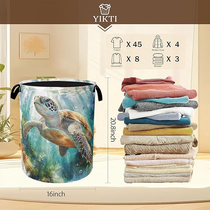 Laundry Hamper,Sea Turtle Laundry Basket,Watercolor Green Ocean Portable Collapsible Laundry Room Organization Storage for Dorm Room,Nursery,Bathroom,Bedroom,16x20 Inch