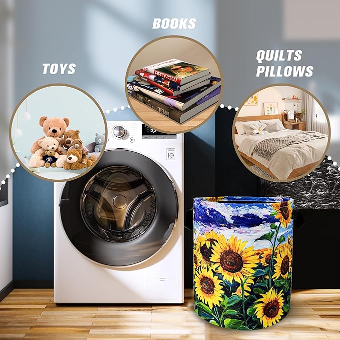 Beautiful Sunflower Flowers Laundry Basket Foldable Oxford Cloth Funny Tote Bag Laundry Hamper Clothes Storage Bucket Toy Organizer For Bathroom/Laundry Storage/Bedroom 18.9x16.5 Inch