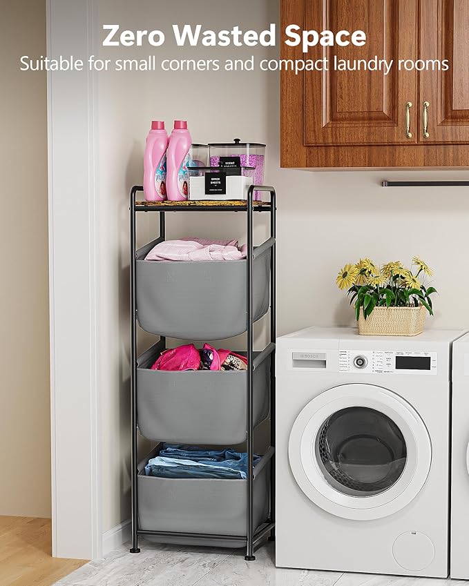 3 Section Laundry Sorter with Removable Bags, 120L Vertical Laundry Hamper with Shelf, Stackable Laundry Baskets organizer for Bathroom, Apartment, Dorm (Gray, With Shelf)