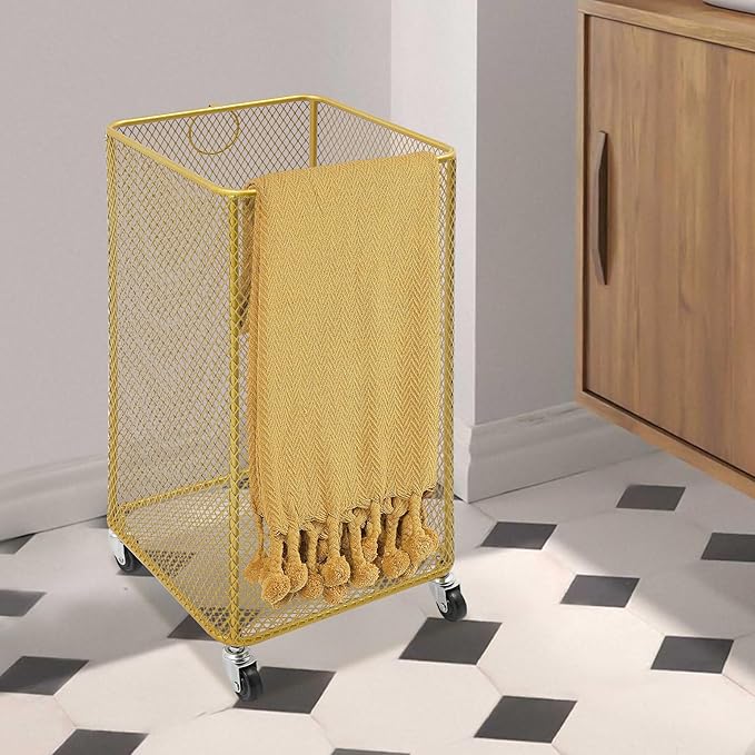 Wire Metal Rolling Laundry Basket On Wheels,Mesh Wire Laundry Basket Storage Cart for Bathroom Bedroom Dirty Clothes Storage (A)