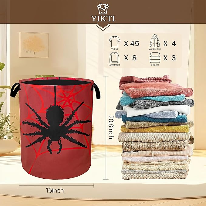 Laundry Hamper,Halloween Black Spider Laundry Basket,Red Spider Web Portable Collapsible Laundry Room Organization Storage for Dorm Room,Nursery,Bathroom,Bedroom,16x20 Inch